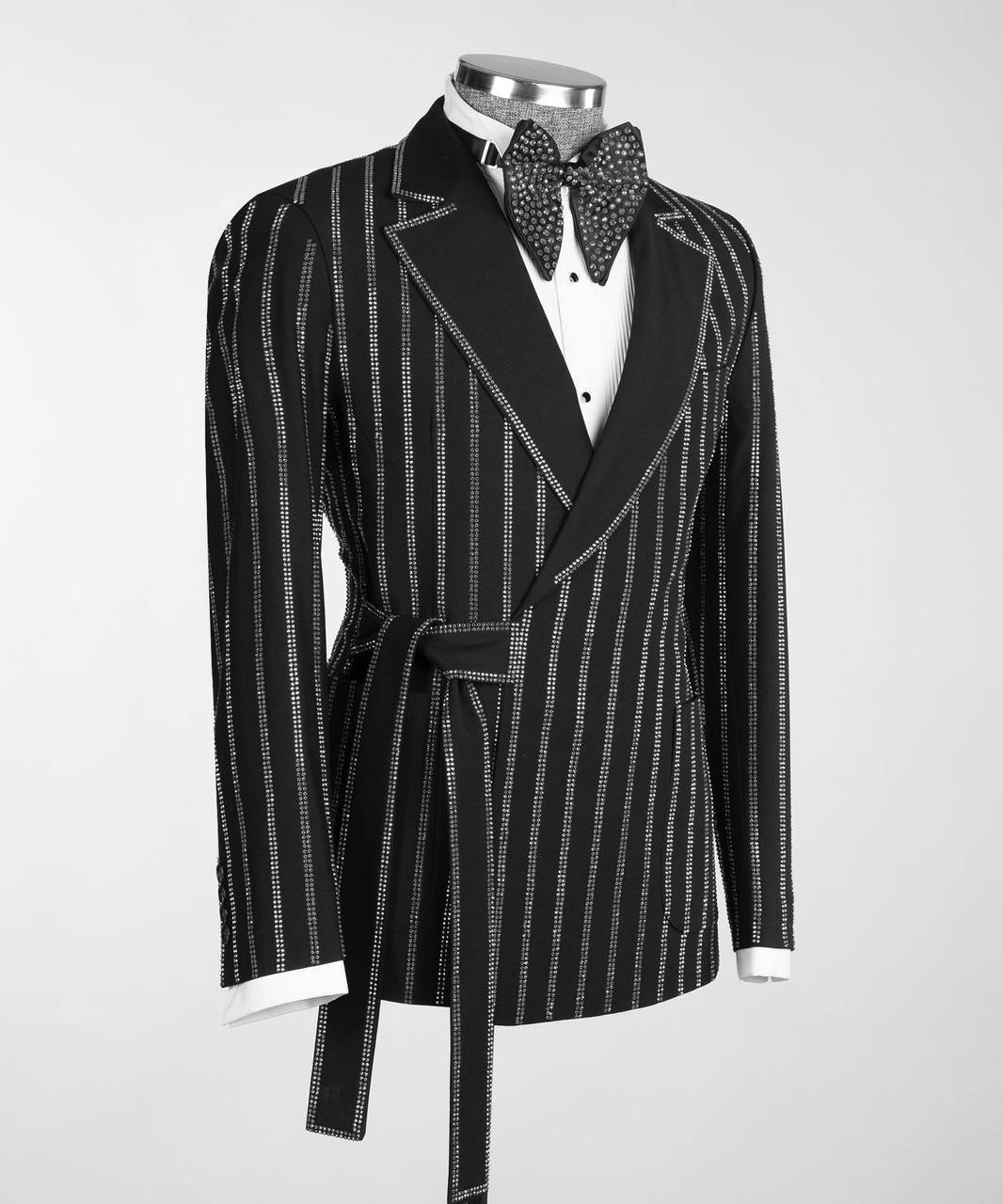 Men's Black Tuxedo, Silver Stripe Stoned Design