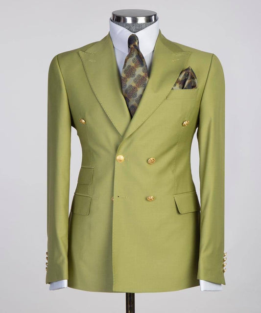 Double Breasted Olive Suit Peak Lapel 2pc