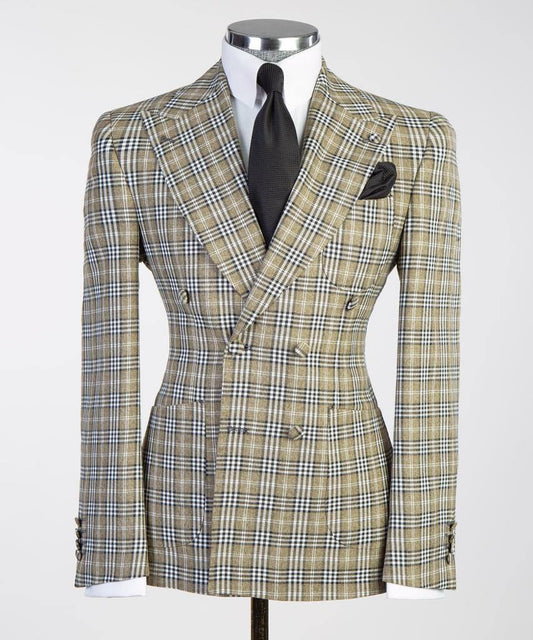 Men's Suit, 2 Piece Plaided Double Breasted Beige