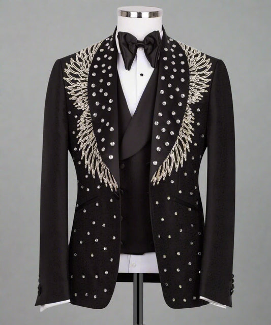 Luxury beaded tuxedo, crystal-embellished suit, men's designer tuxedo, wedding tuxedo set, black and white tuxedo, formal event suit, premium beaded jacket, rhinestone tuxedo, embroidered men's blazer.