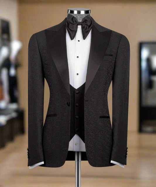 Black satin tuxedo, 3-piece tuxedo set, men's formal suit, black wedding tuxedo, classic tuxedo for men, prom tuxedo, black-tie event suit, peak lapel blazer, designer men's tuxedo.