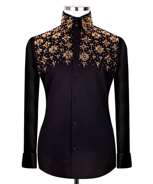 High Collar Beaded Exclusive Black Shirt with Gold Beads