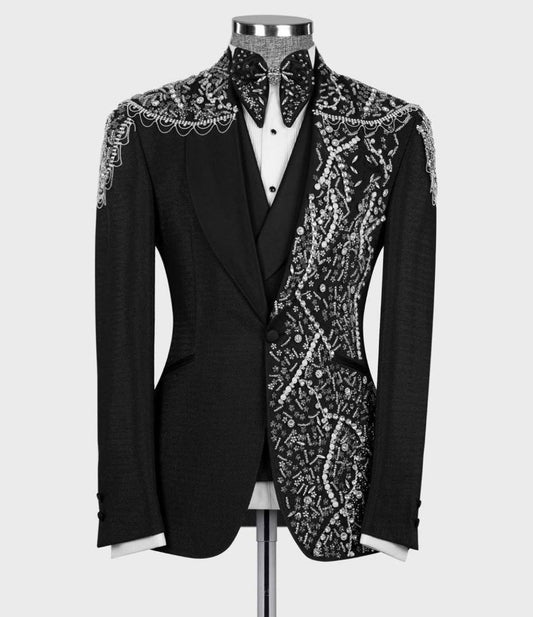 Men's Black Tuxedo, Silver Gem Stoned Design