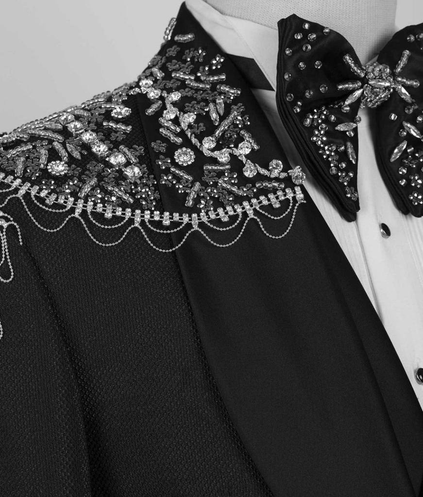 Men's Black Tuxedo, Silver Gem Stoned Design