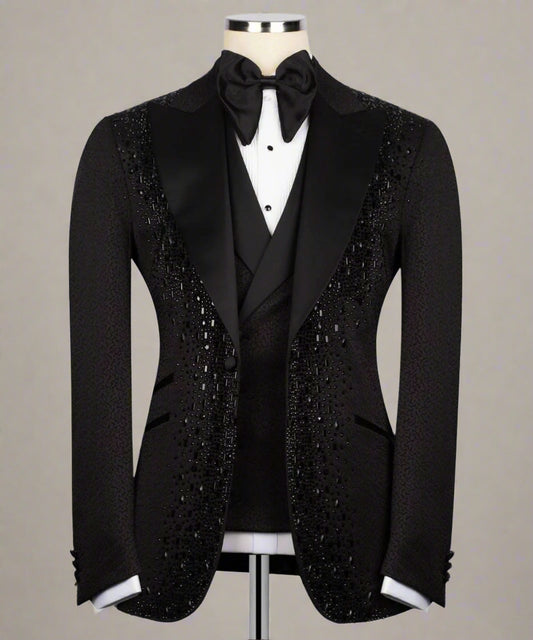Black Tuxedo,3 Piece, Black Beaded Blazer