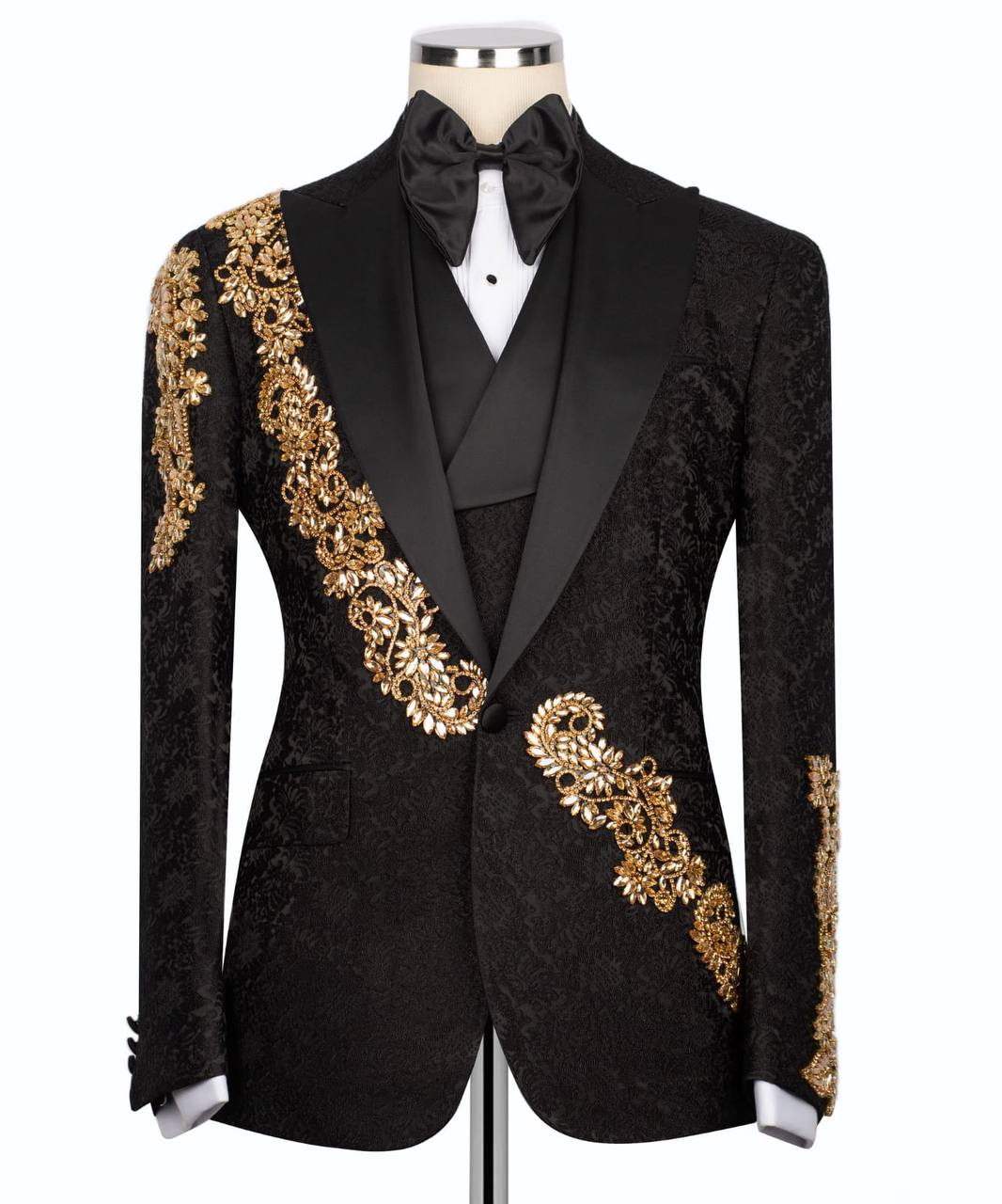 Black Tuxedo,3 Piece, Patterned Blazer with Gold Crystals