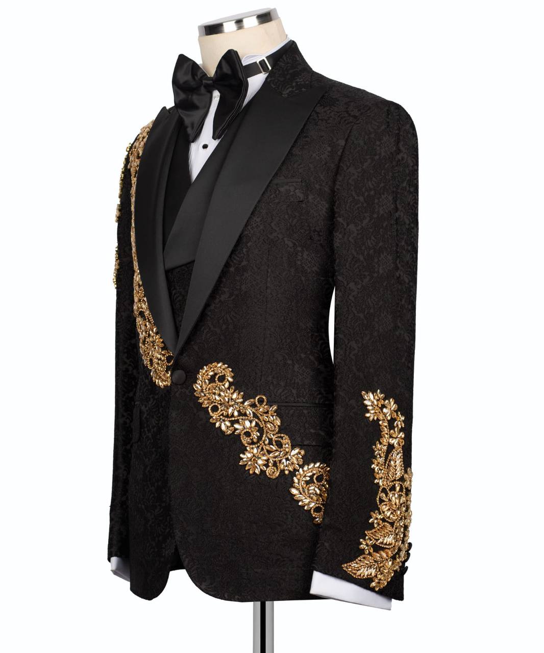Black Tuxedo,3 Piece, Patterned Blazer with Gold Crystals