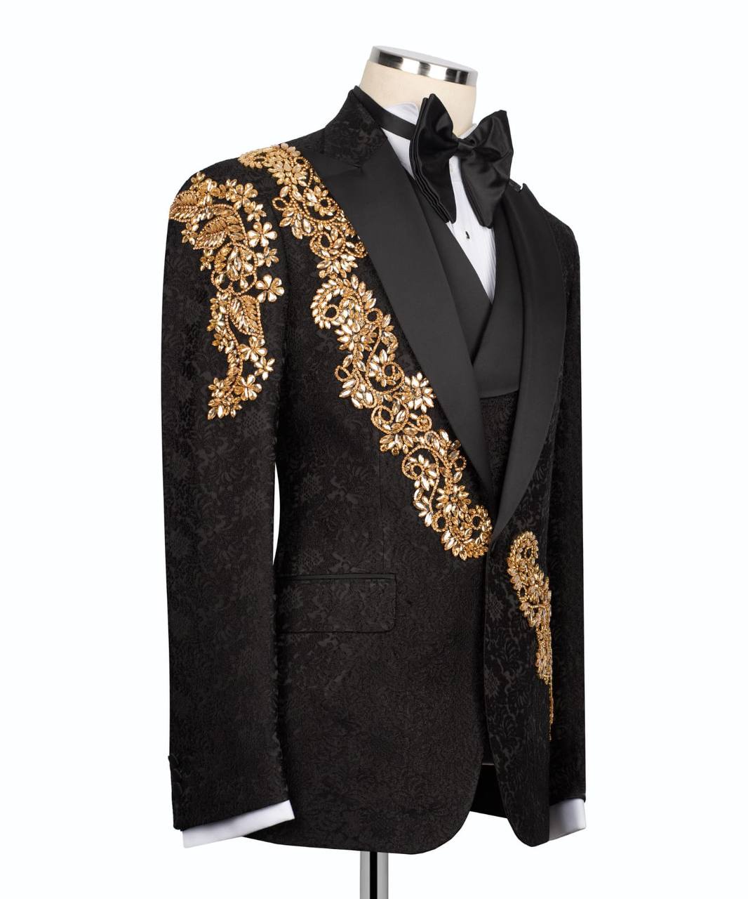 Black Tuxedo,3 Piece, Patterned Blazer with Gold Crystals