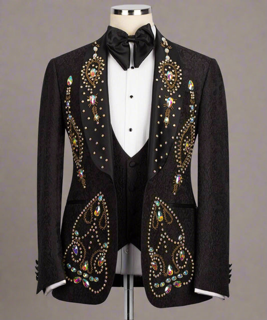 Black Tuxedo,3 Piece, Gem Stoned, Beaded Blazer