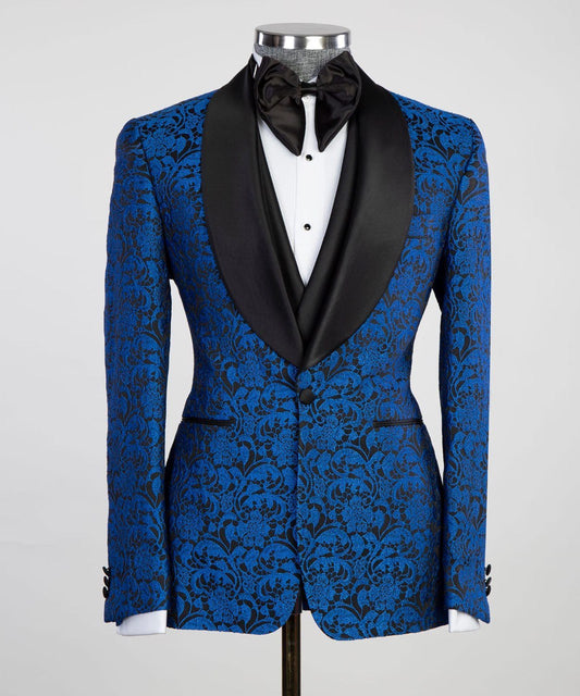 Men's 3 Piece Blue-Tuxedo Black Satin Lapel
