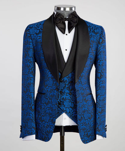 Men's 3 Piece Blue-Tuxedo Black Satin Lapel