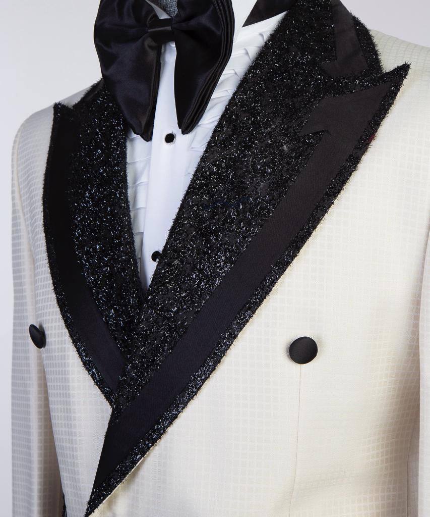 Men's Cream White Tuxedo 2 Piece, Black Collar