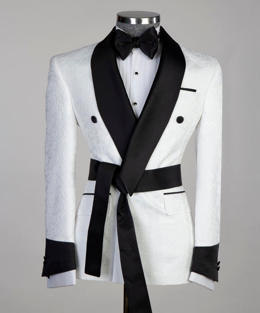 White Tuxedo with Black Collar,Belted