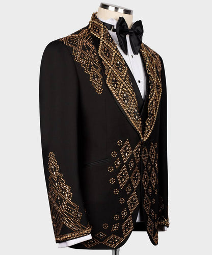 Men's Black Tuxedo, Gold Gem Stoned Design