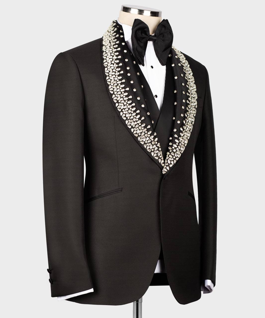 Men's Black Tuxedo, Silver Gem Stoned on Collar