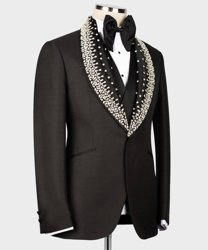 Men's Black Tuxedo, Silver Gem Stoned on Collar