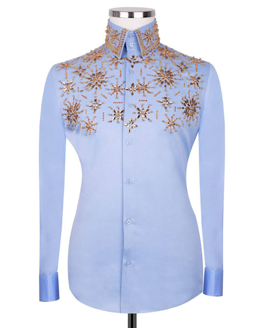 High Collar Beaded Exclusive Blue Shirt