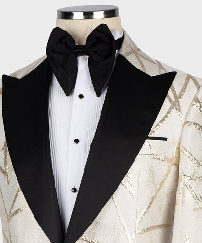 Men's Tuxedo -Cream -Golden Pattern with Black Collar