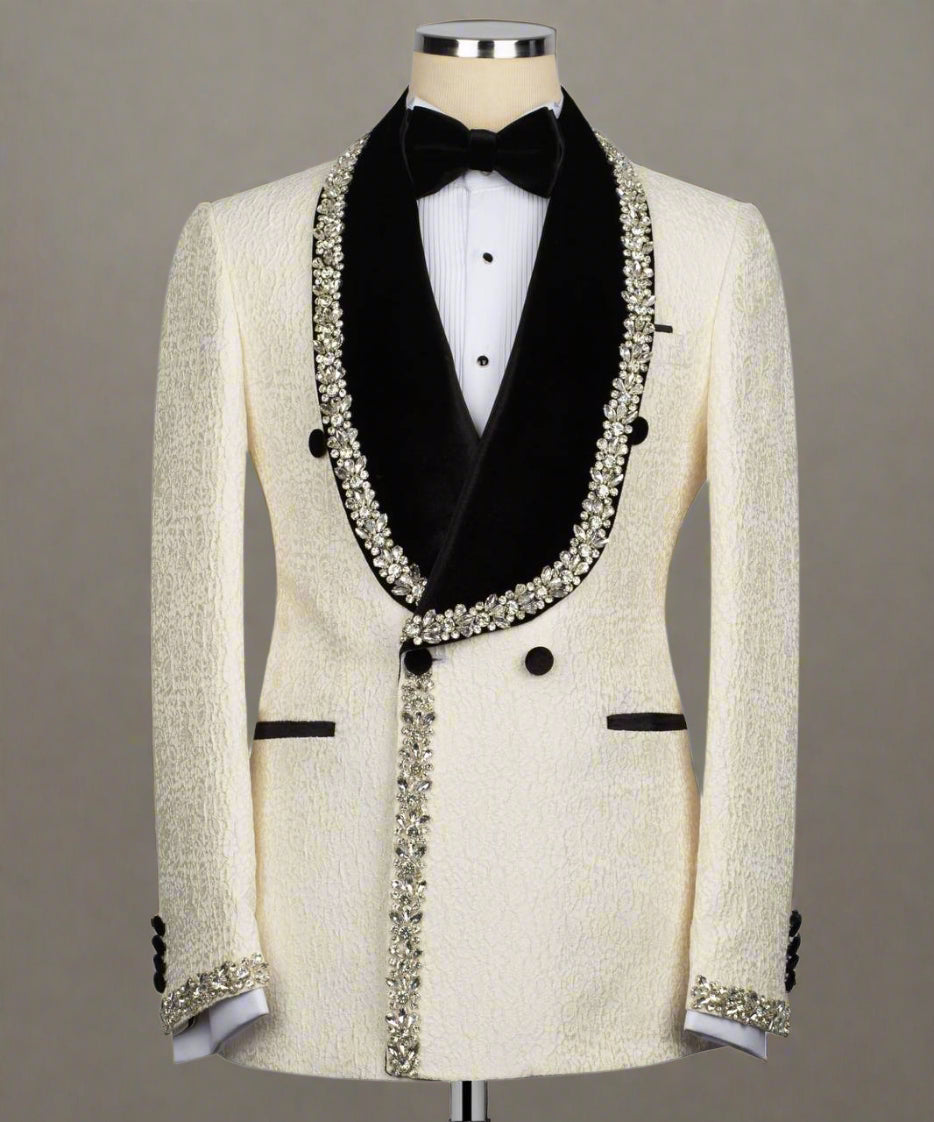Luxury beaded tuxedo, crystal-embellished suit, men's designer tuxedo, wedding tuxedo set, black and white tuxedo, formal event suit, premium beaded jacket, rhinestone tuxedo, embroidered men's blazer.