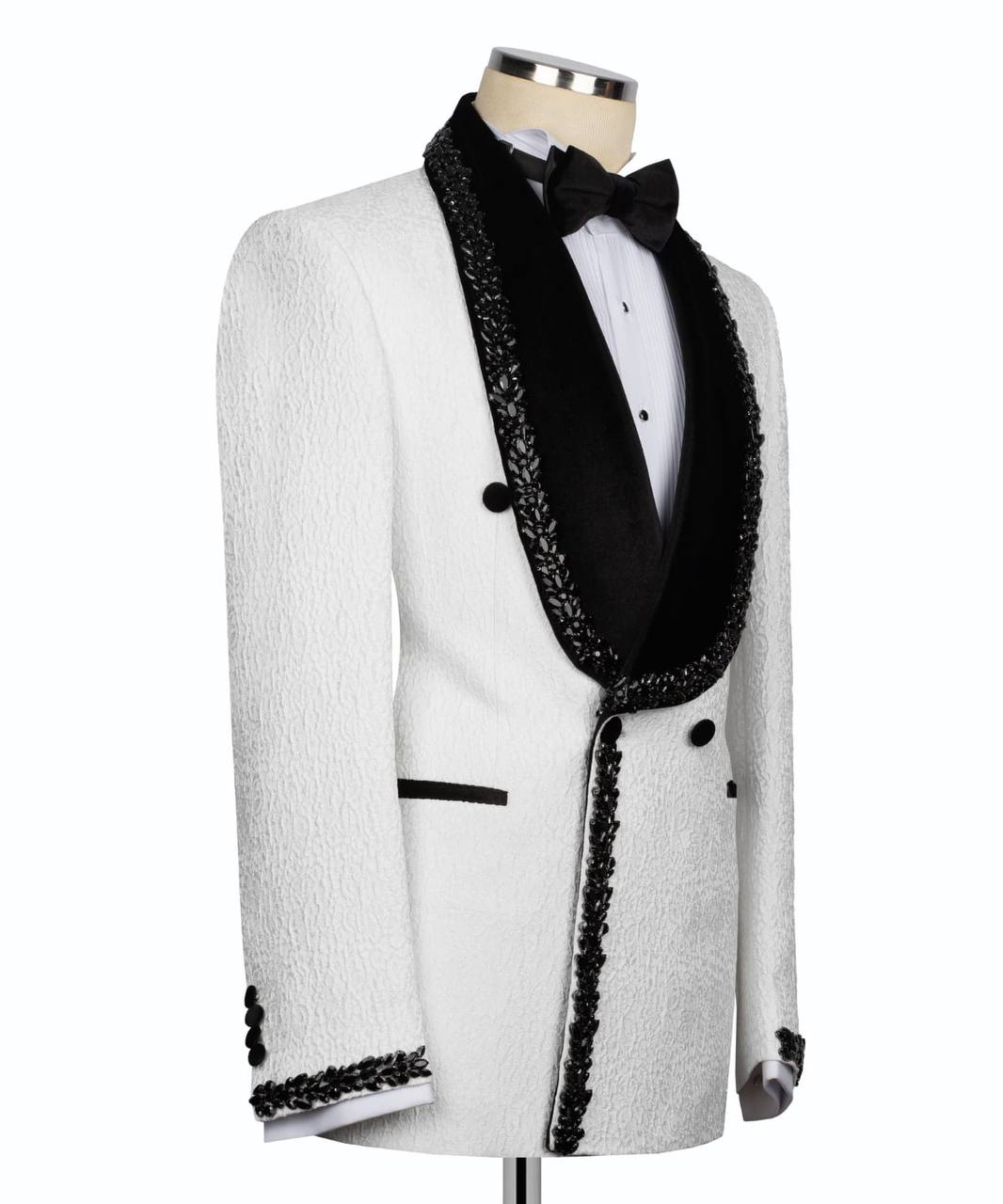 White & Black Beaded Tuxedo – 2 Piece Luxury Set