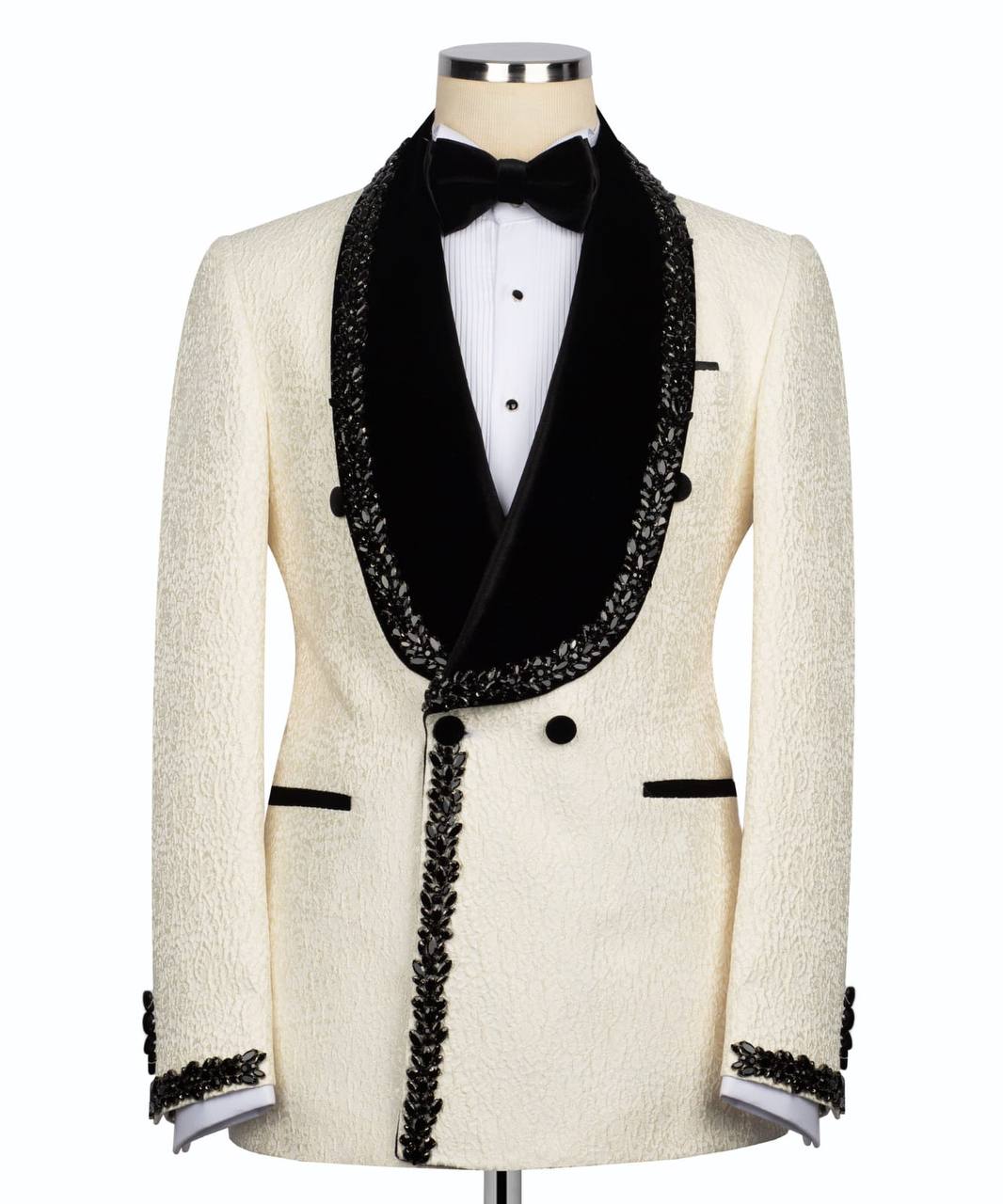 Cream & Black Beaded Tuxedo – 2 Piece Luxury Set