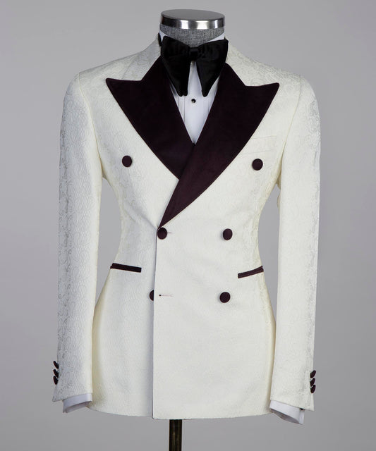 Double Breasted Beige Tuxedo with Black Collar