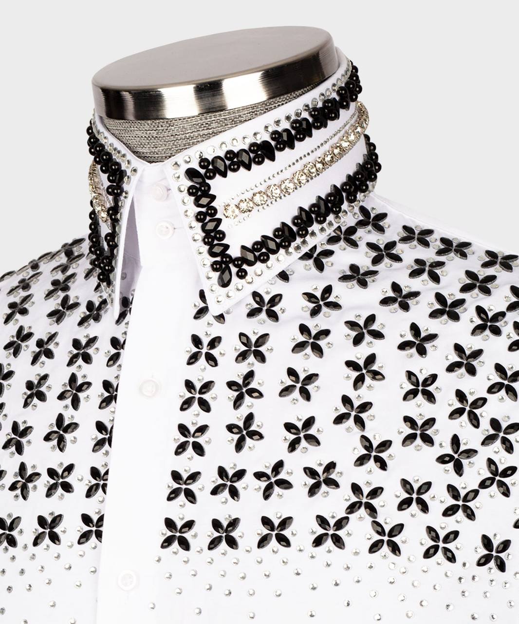 High Collar Shirt-White Beaded