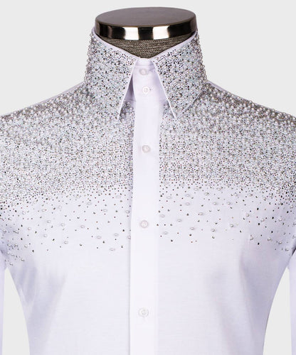 High Collar Shirt-White-Grey Beaded