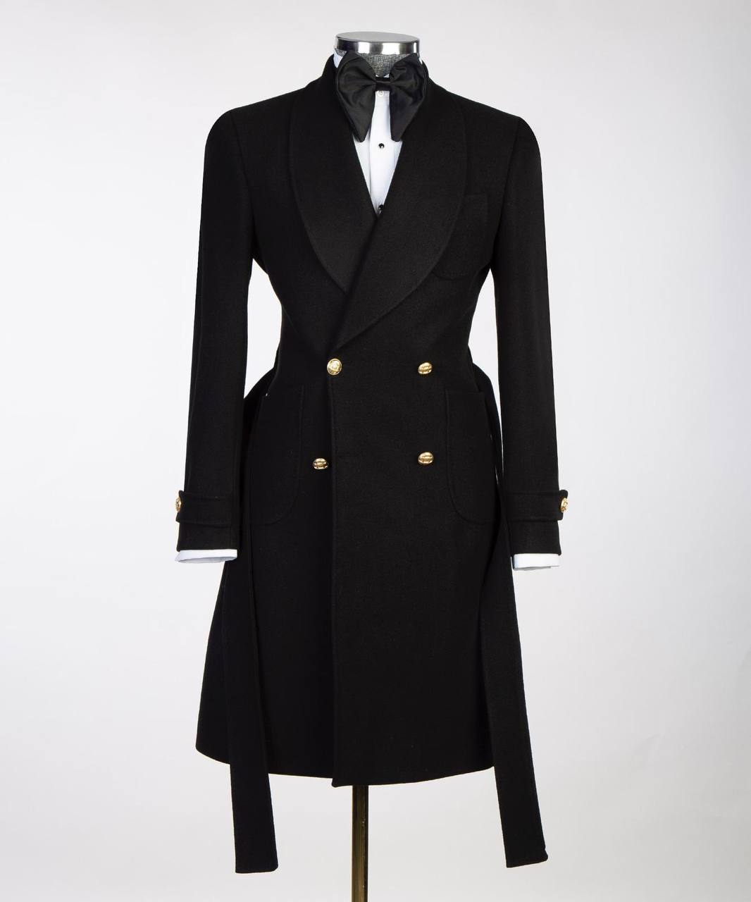 Men's Black-Wool-Belted-Coat