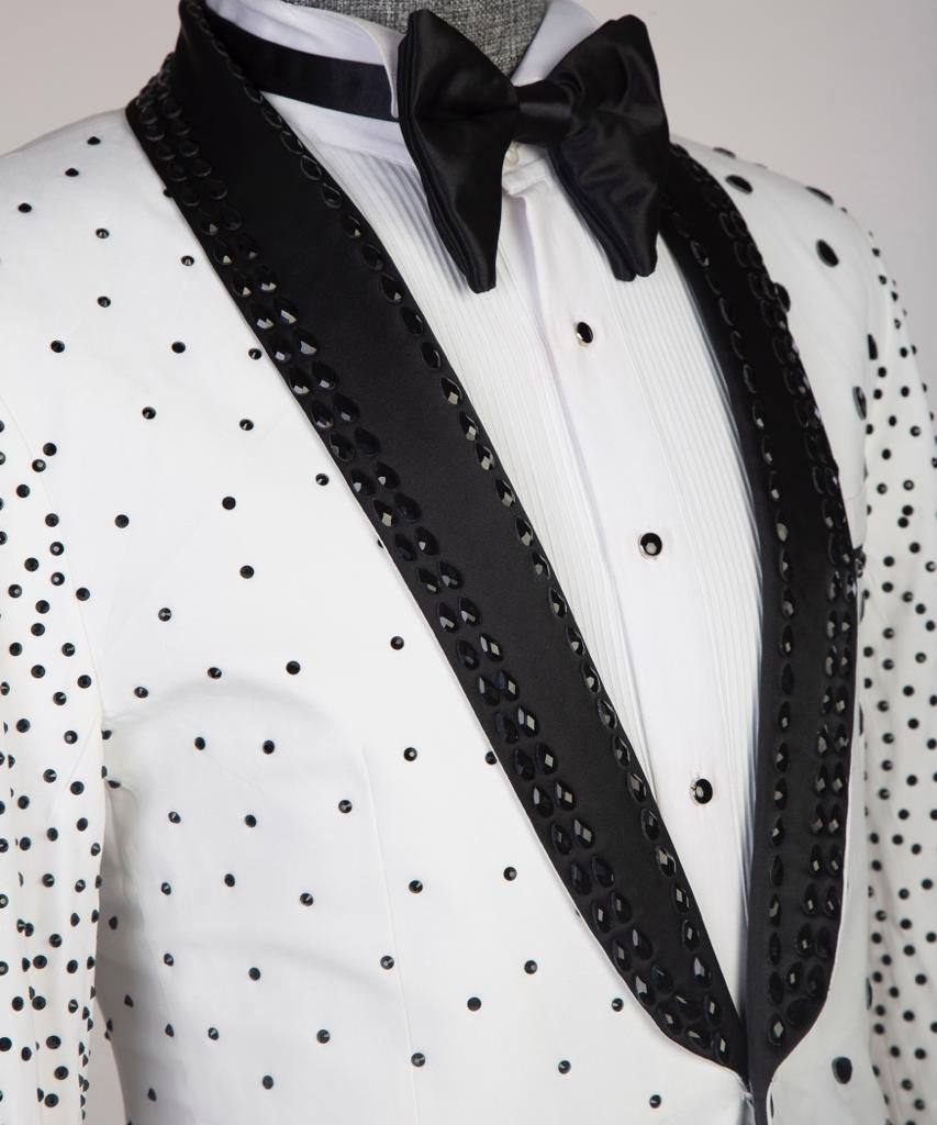 2 pièces Stone Designed_Tuxedo pour homme, Blanc, Brillant, Costume, Costume, Perlé