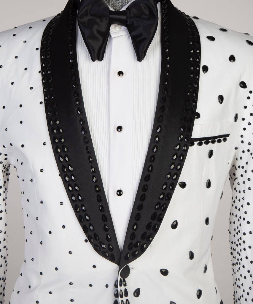 2 pièces Stone Designed_Tuxedo pour homme, Blanc, Brillant, Costume, Costume, Perlé