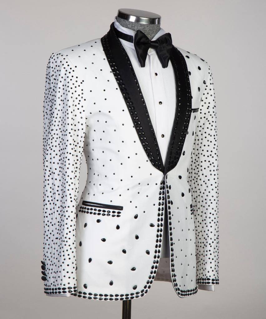 2 pièces Stone Designed_Tuxedo pour homme, Blanc, Brillant, Costume, Costume, Perlé