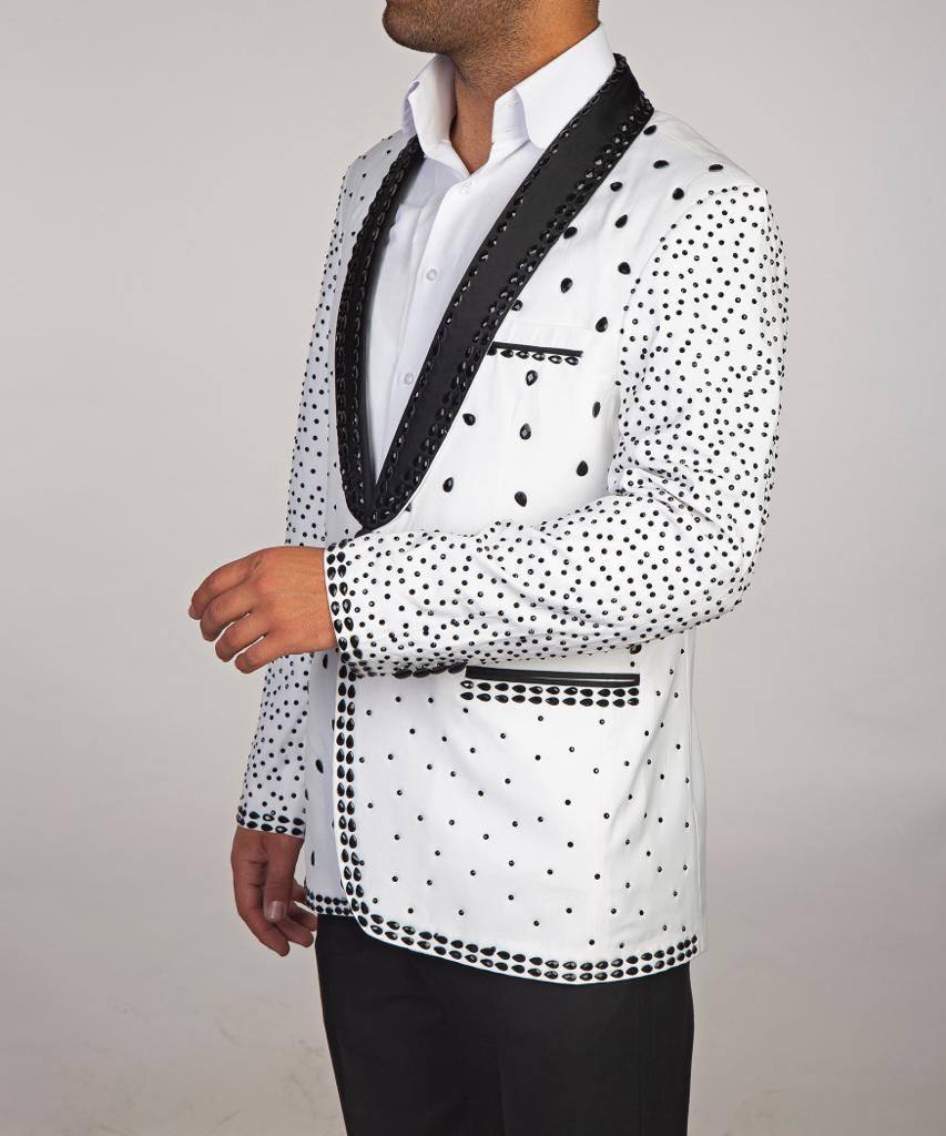 2 pièces Stone Designed_Tuxedo pour homme, Blanc, Brillant, Costume, Costume, Perlé