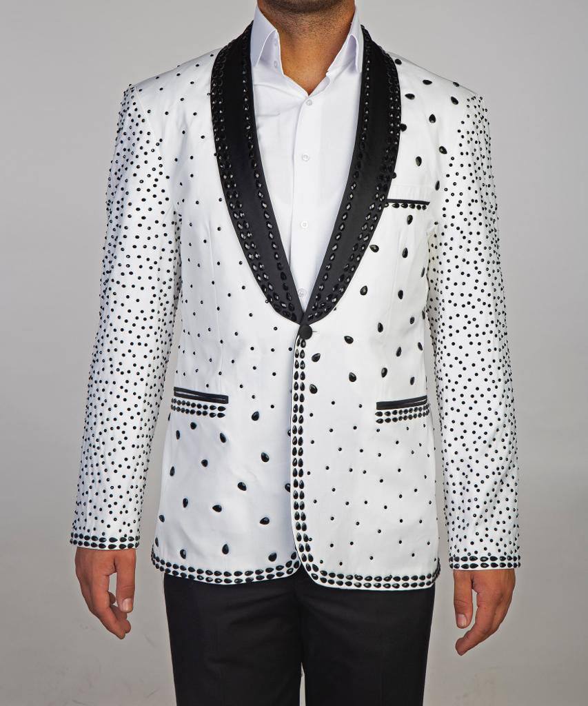 2 pièces Stone Designed_Tuxedo pour homme, Blanc, Brillant, Costume, Costume, Perlé
