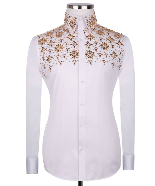 High Collar Exclusive White Shirt with Gold Beads