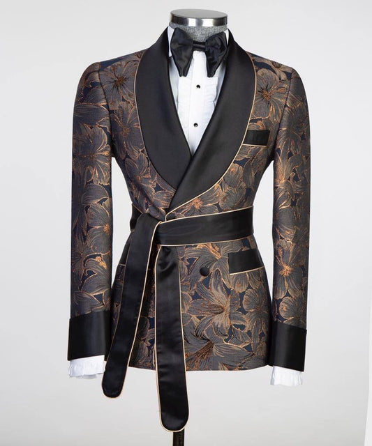 Men's 3 Piece Double Breasted Black and Gold Tuxedo
