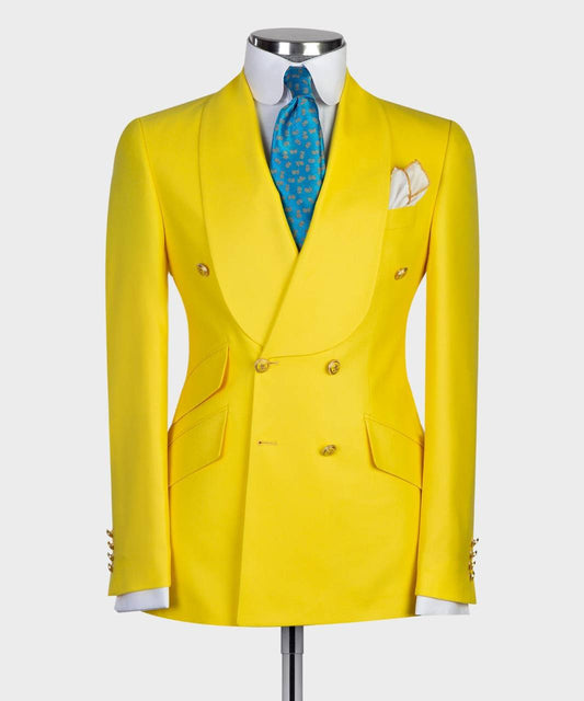 Men's 2 Piece Double Breasted Yellow Tuxedo Suit, Shawl Lapel