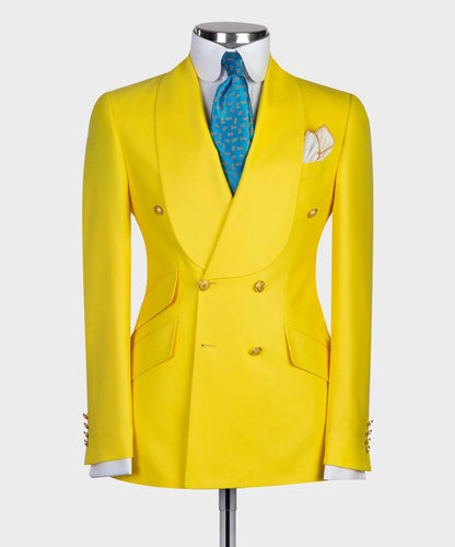 Men's 2 Piece Double Breasted Yellow Tuxedo Suit, Shawl Lapel