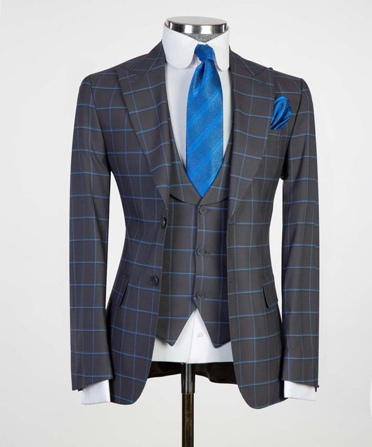 Men's 3 Piece Plaid Single Breasted Grey/Blue Suit