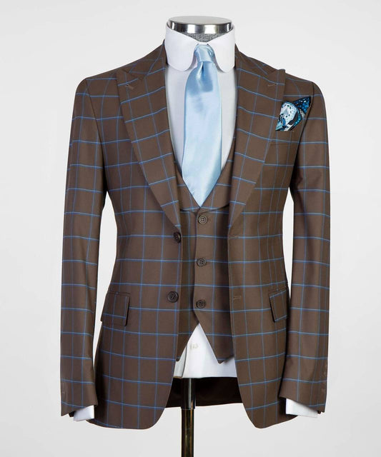 Men's 3 Piece Plaid Single Breasted Brown/Blue Suit