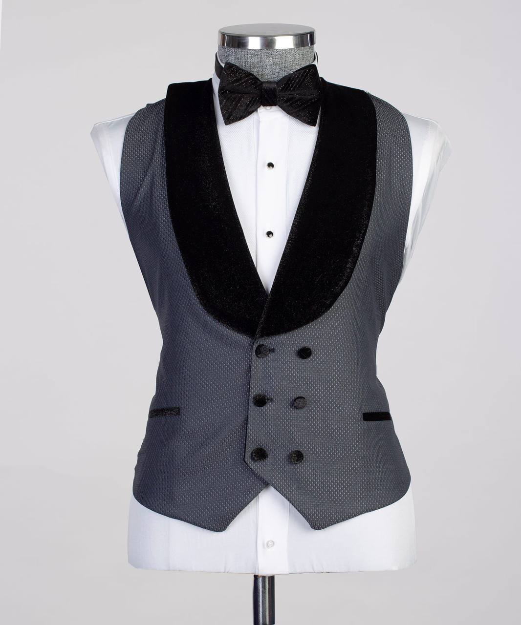 Smoking gris 3 pièces pour homme, costume, revers châle en velours, costume