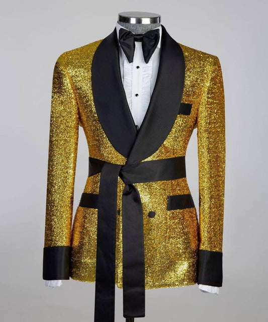 Men's 3 Piece Double Breasted Black and Shiny Gold Tuxedo