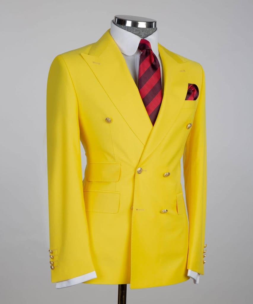 Costume pour homme, 2 pièces, double boutonnage, jaune, revers en pointe, conçu pour un look élégant, TPL