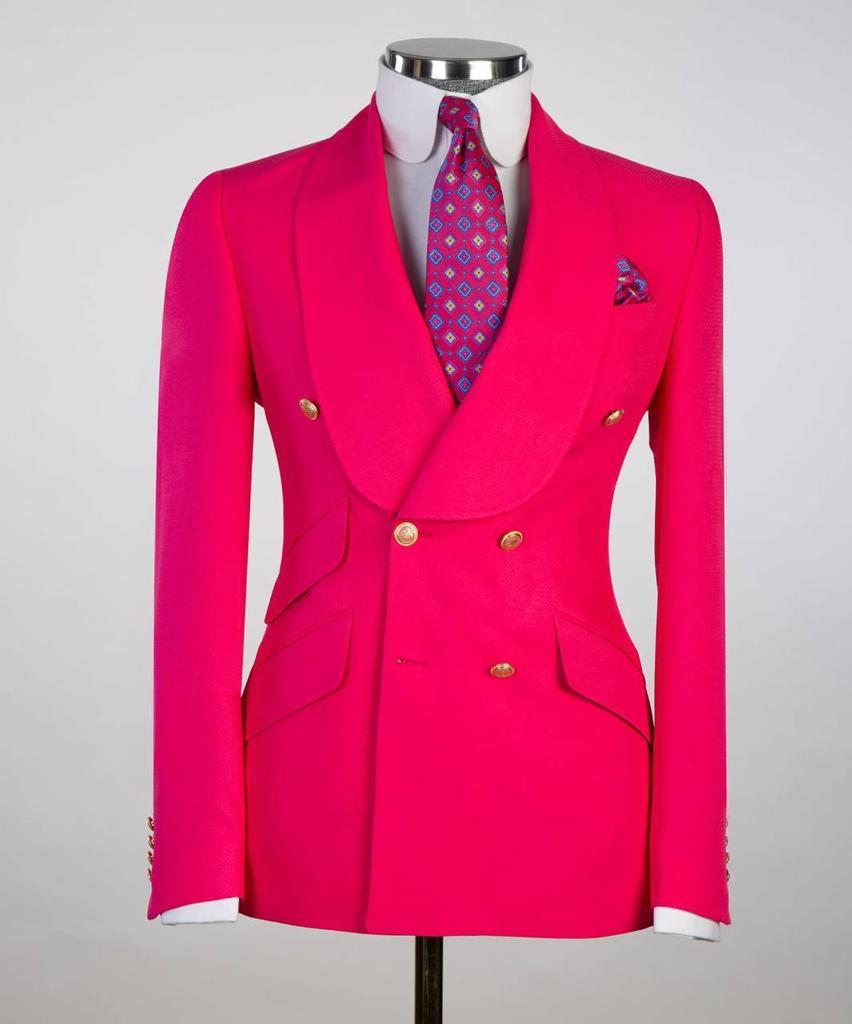 Costume pour homme, 2 pièces, double boutonnage, rose, revers châle, look élégant, idéal pour mariage, fêtes, bal, célébrations KLD
