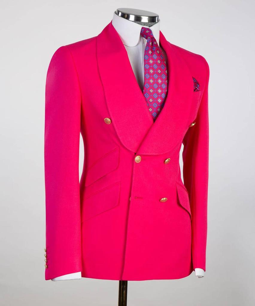 Costume pour homme, 2 pièces, double boutonnage, rose, revers châle, look élégant, idéal pour mariage, fêtes, bal, célébrations KLD