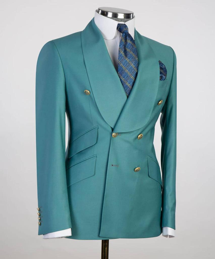 Costume pour hommes, 2 pièces, croisé, vert, revers châle, look élégant, idéal pour mariage, fêtes, bal, célébrations, KLD