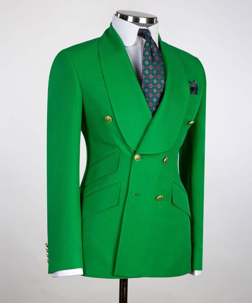 Costume pour hommes, 2 pièces, double boutonnage, marron, revers châle vert, look élégant, idéal pour mariage, fêtes, bal, célébrations, KLD