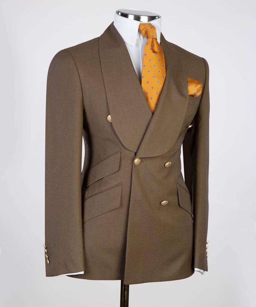 Costume pour hommes, 2 pièces, double boutonnage, marron, revers châle vert, look élégant, idéal pour mariage, fêtes, bal, célébrations, KLD