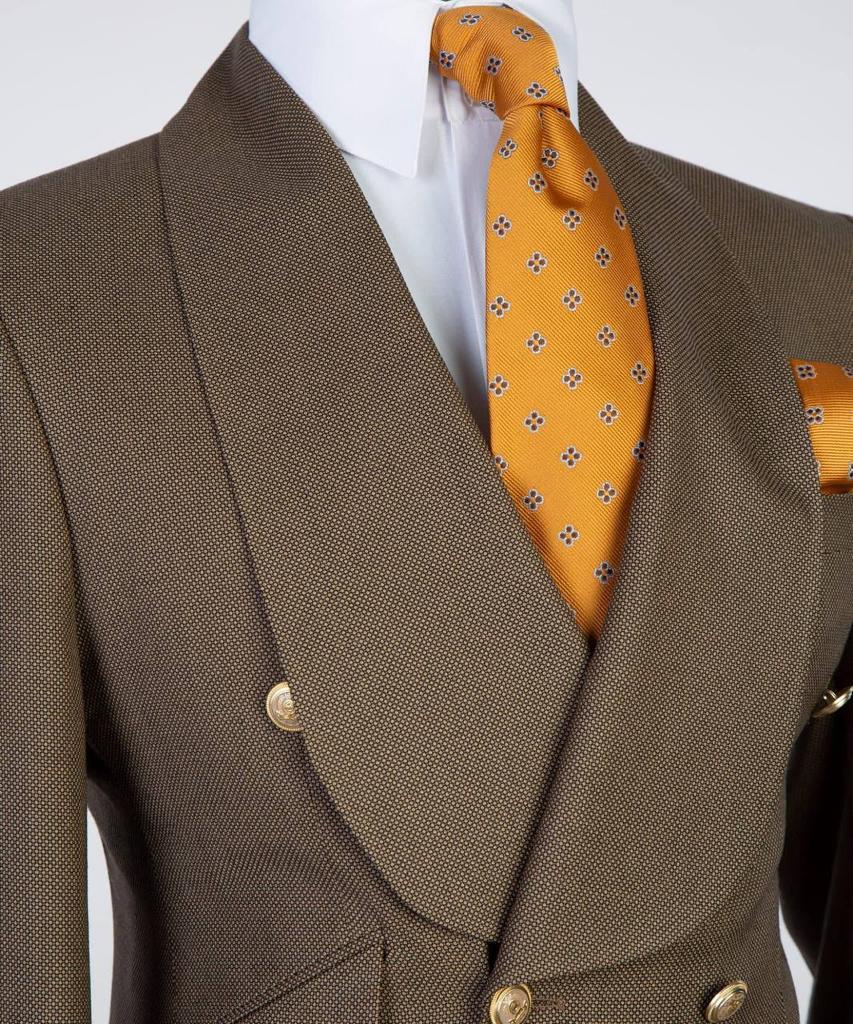Costume pour hommes, 2 pièces, double boutonnage, marron, revers châle vert, look élégant, idéal pour mariage, fêtes, bal, célébrations, KLD