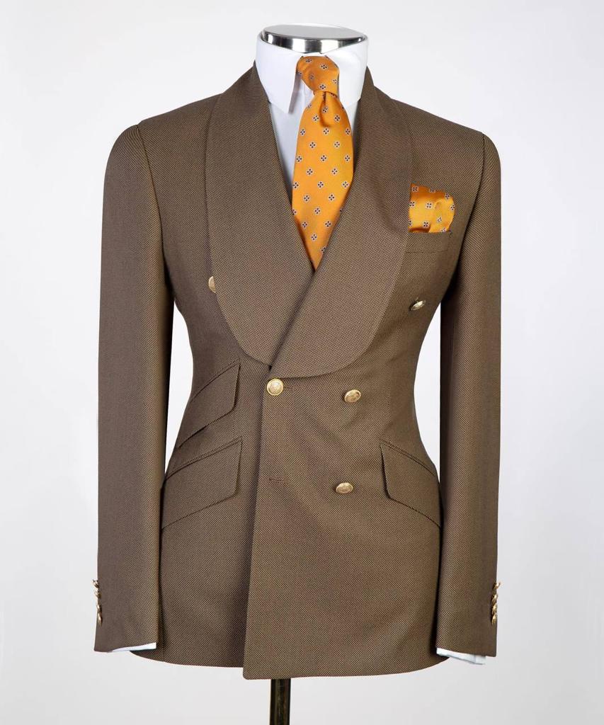 Costume pour hommes, 2 pièces, double boutonnage, marron, revers châle vert, look élégant, idéal pour mariage, fêtes, bal, célébrations, KLD